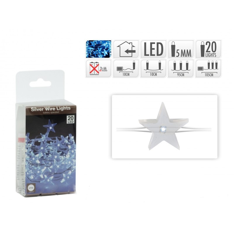 Image of 20 LEDes elemes ezüstdrót hidegfehér csillagos fényfüzér 105 cm